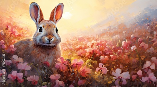 Rabbit in a spring blossom field. Cute rabbit in flower garden 