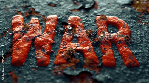 Red 3D inscription "WAR" on a black concrete background. Generative AI.