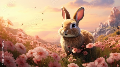Rabbit in a spring blossom field. Cute rabbit in flower garden  photo