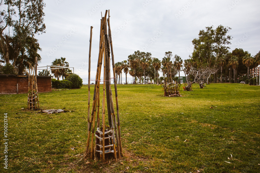 Garden wooden structure for tree support. Garden obelisk supporting a young tree in a tropical garden with pam trees. Urban green zone, park, parkland Garden wooden structure for tree support. Garden obelisk supporting a young tree in a tropical garden with pam trees. Urban green zone, park, parkland
