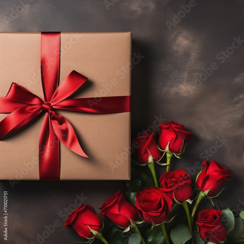 Kraft Gift box with beautiful red ribbon and rose, concept of Valentine's, anniversary, mother's day and birthday greeting, copyspace, topview. Generative AI