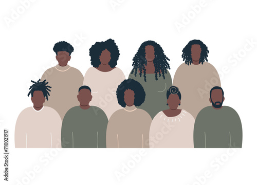 Black people group. Crowd. Black history month concept. Solidarity of different black men and black women. Vector illustration