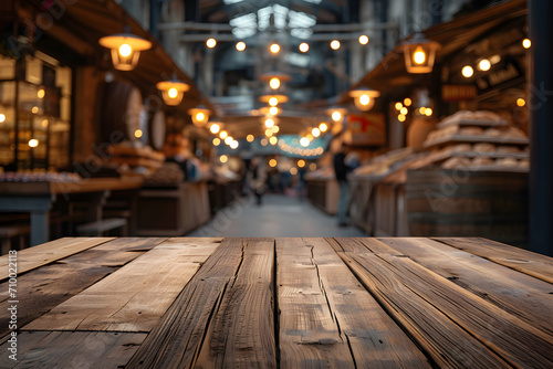 Foreground Wooden Table, Blurred City Market background, Metropolitan Bazaar