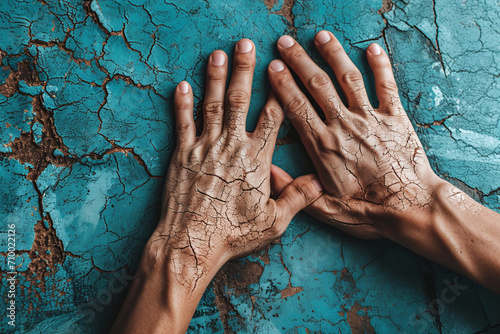 Dry, cracked skin of hands against a background of a blue old wall, hand care and moisturizing