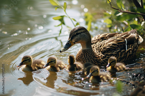 Duck with little ducklings swim in the lake, in the spring