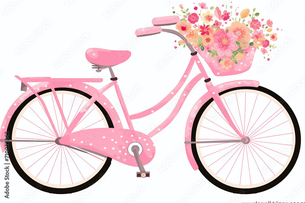 Pink bicycle with a basket of flowers on a white background, spring cycling