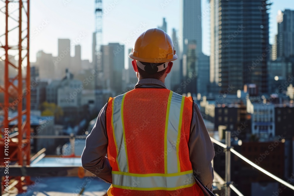 A civil engineer standing on a construction site, The engineer is wearing a safety vest. The construction site is busy with workers, machines, and materials. A civil engineer standing on a construction site, The engineer is wearing a safety vest. The construction site is busy with workers, machines, and materials.