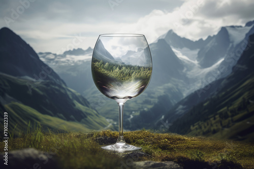 Transparent wine glass with stunning mountain views