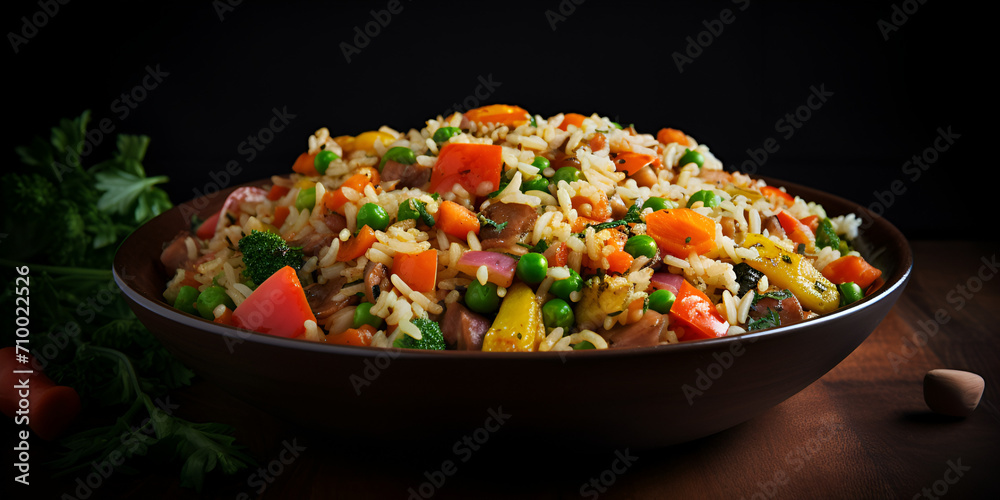 rice with vegetables, Fried rice with carrots onions tomatoes green peas spring onions,the World of Vegetable Rice Cuisine, Generative AI