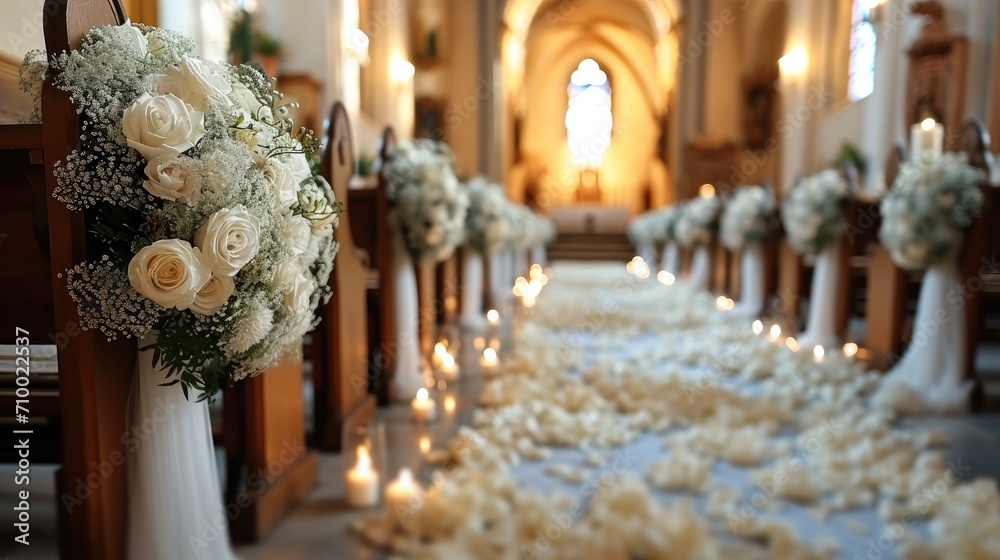 Church decorated for wedding ceremony simple style. Generative AI.