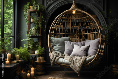 Step into a calming retreat featuring an exquisite chest and a captivating swing. 