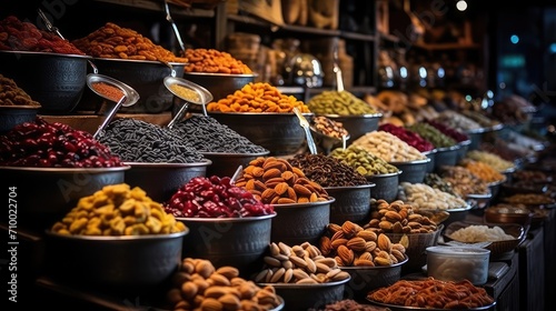 a Turkish market, the display of nuts and dried fruits, contemporary aesthetics to showcase the rich textures and colors of these traditional delights.
