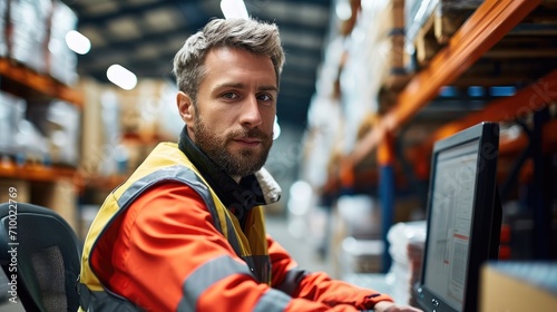 A male warehouse worker checking orders at computer workstation in warehouse. Generative AI.