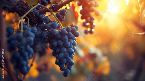 bunch of grapes in the garden, sunset light 