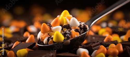 Candy corn atop chocolate chips in a spoon.