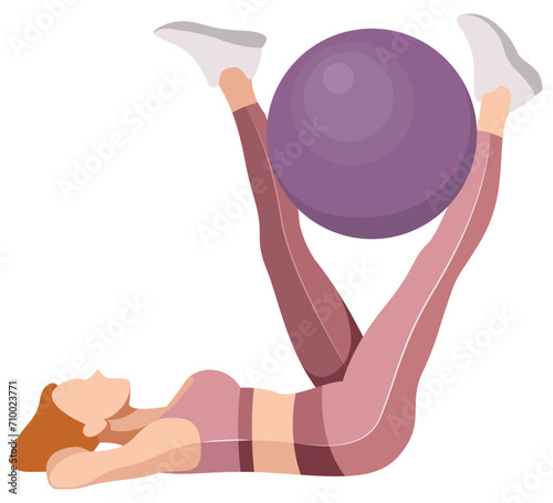 vector illustration of a beautiful slim girl in sportswear (leggings and a sports bra) doing fitness, sports, working out, doing exercises with a fitness ball isolated on a white background.