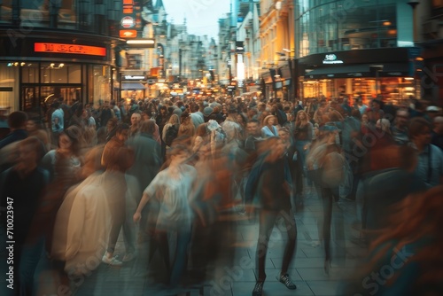 artistic crowd of people on the street using a low shutter speed. Movement of People, Rush hour pedestrian traffic, Blur crowd walk in city street