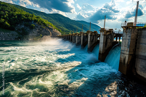 hydroelectric dam on a river with water flowing through the turbines photo