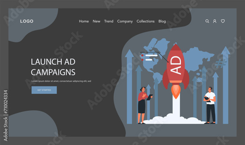 Launch AD Campaigns concept. Professionals initiating powerful advertising campaigns for market impact, symbolized by a rocket launch. Strategic promotion boost. Flat vector illustration