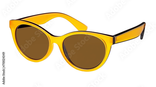yellow fashion sunglasses with yellow frames black accents isolated on a transparent background, womens hipster accessories, side view 
