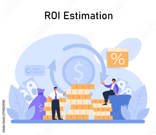 ROI Estimation concept. Professionals engaged in calculating returns on investment, with a focus on financial success and strategic planning. Profit calculation and economic analysis. Flat vector