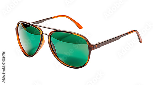 green aviator fashion sunglasses with orange accents, tortoise shell patterned frames isolated on a transparent background, side angle, beach day summer fashion