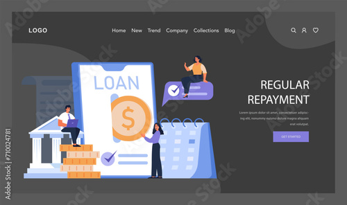 Regular Repayment concept. Individuals manage loan documentation, while illustrating timely payments and financial responsibility. Trust in lending. Flat vector illustration.