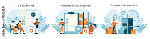 OSHA essentials set. Engaging in safety briefings, thorough workplace inspections, and the modernization of equipment. Prioritizing worker safety and preventive measures. Flat vector illustration photo