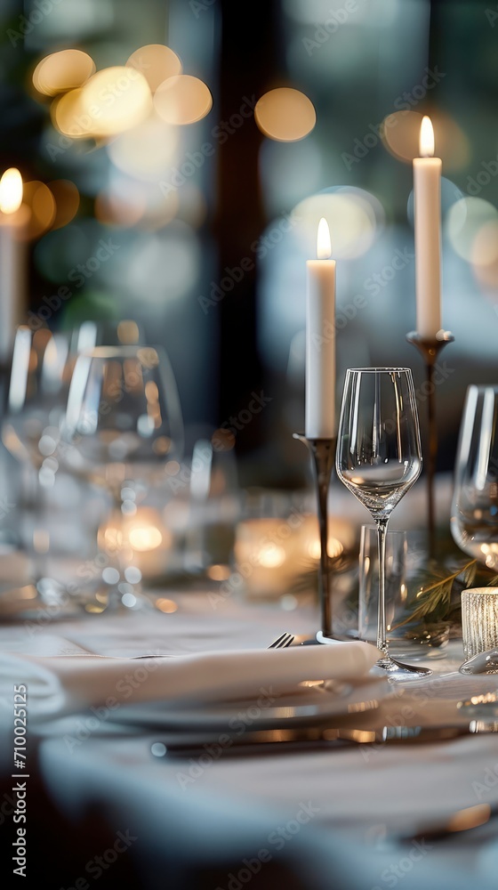 Dining table decorated for an evening dinner party, dinner concept for two glasses, luxury elegant table setting dinner in a restaurant