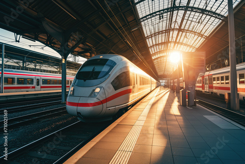 Modern train at the train station with sunshine