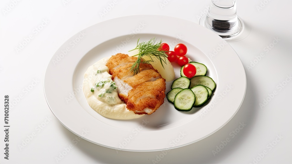 a Chicken Kiev cutlet with mashed potatoes, tomatoes, and cucumbers in a plate on a wooden light background, contemporary aesthetics to highlight the culinary beauty of the dish.