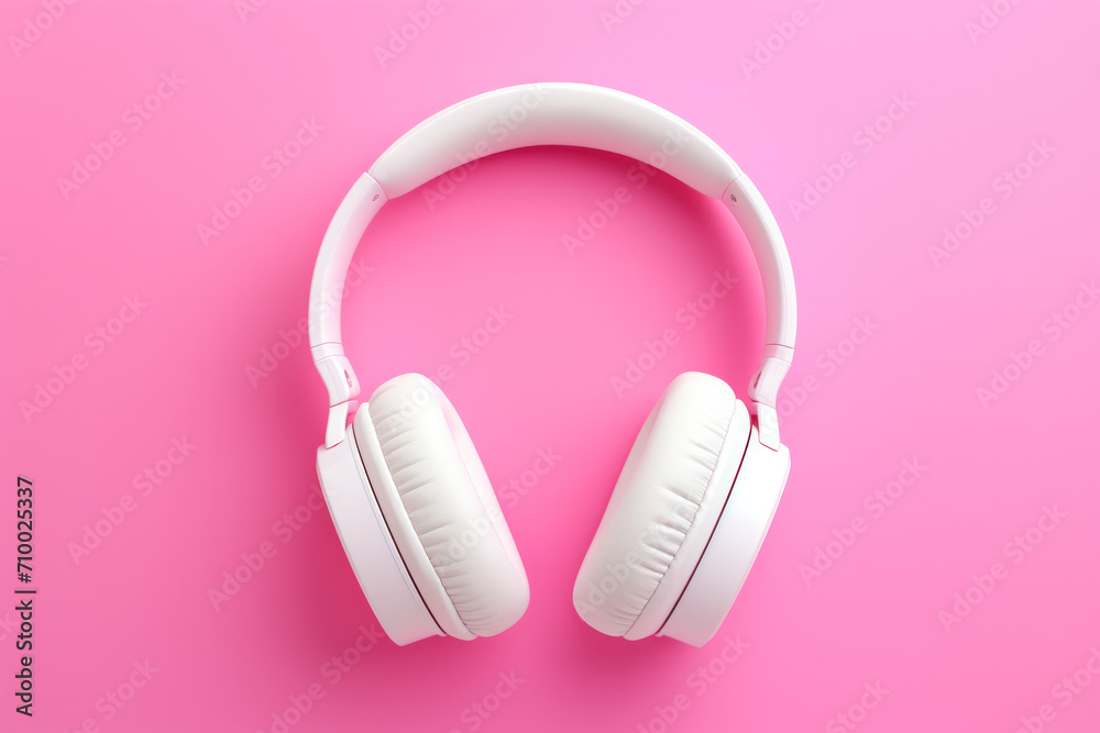 White headphones on a bright pastel background, fashion and style concept White headphones on a bright pastel background, fashion and style concept
