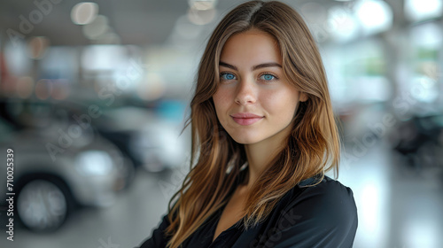 Female manager standing at workplace at new car showroom. Generative AI.