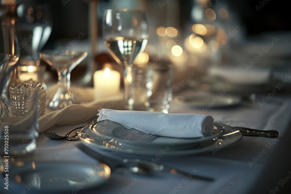 Dining table decorated for an evening dinner party, dinner concept for two glasses, luxury elegant table setting dinner in a restaurant Dining table decorated for an evening dinner party, dinner concept for two glasses, luxury elegant table setting dinner in a restaurant