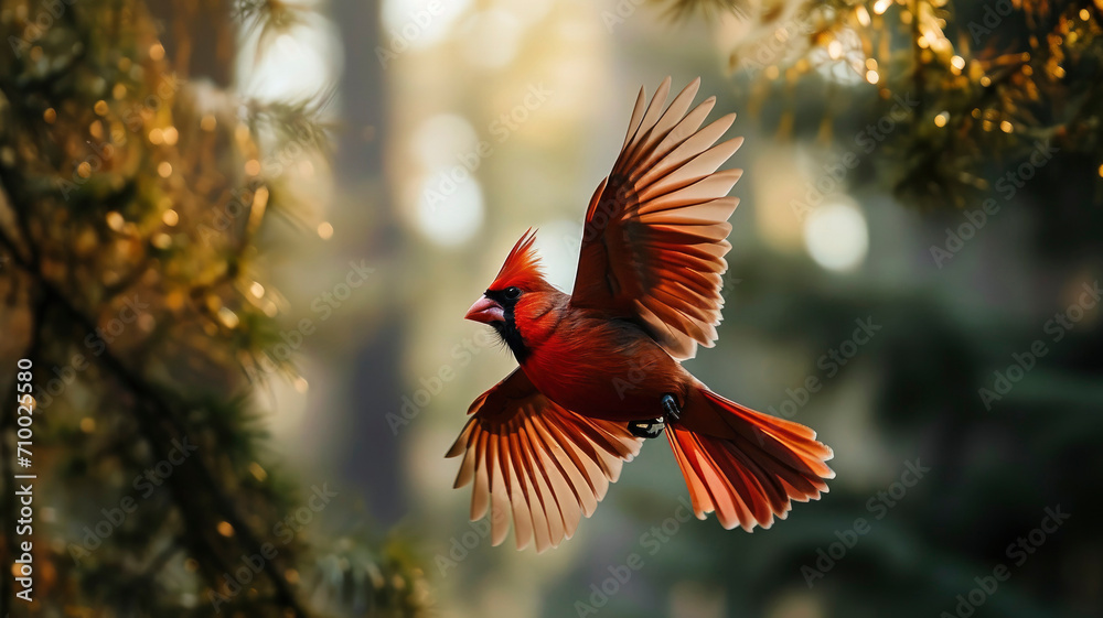 Red cardinal bird in flight close-up against the backdrop of a spruce fir forest