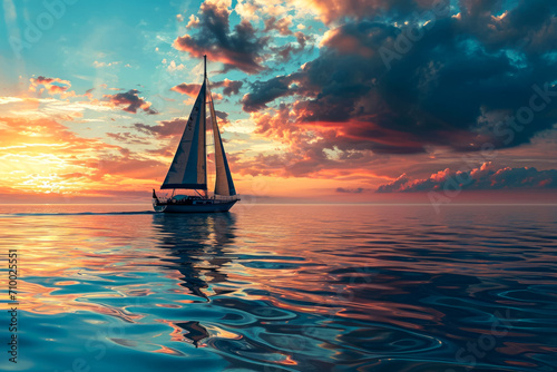 sailboat gently gliding across the calm waters, its sails billowing in the gentle breeze