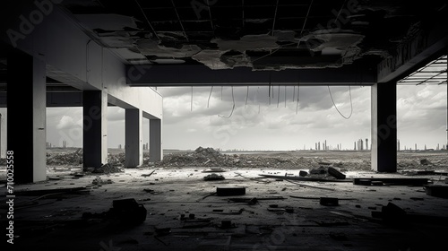 war with a poignant composition featuring a shopping center damaged by shelling, contemporary aesthetics to convey the stark contrast between destruction and modern architecture.