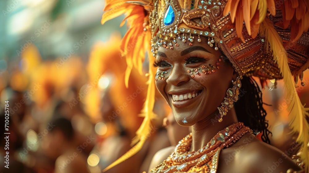 Beautiful dancer in costume at Carnival of Rio de Janeiro. Generative AI.