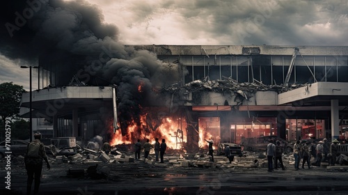 war with a poignant composition featuring a shopping center damaged by shelling  contemporary aesthetics to convey the stark contrast between destruction and modern architecture.