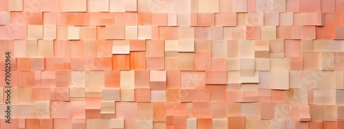 Abstract geometric peach fuzz colors, apricot colored 3d wooden square cubes texture wall background banner panorama long, textured wood wallpaper.