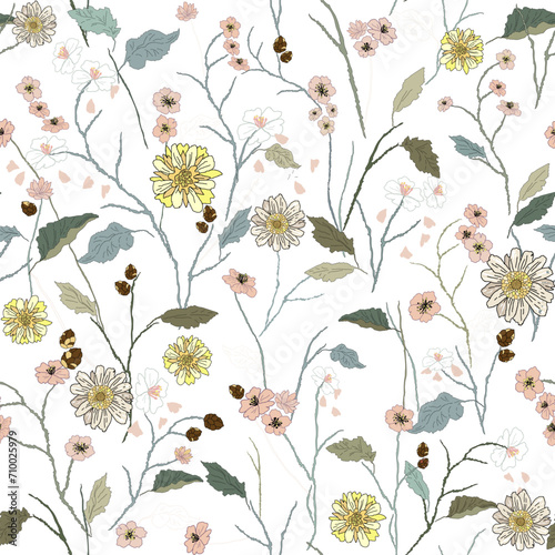 Seamless delicate floral spring set, fashionable handmade pattern for fabric design, decor, ceramics, greeting cards, flowers, texture print on a light background photo