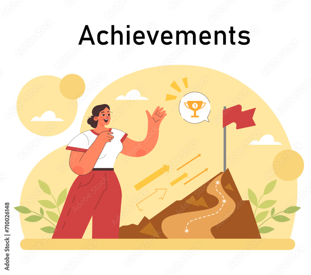 Obraz premium Positive psychology. Positive thinking and attitude. Optimistic mindset, self acceptance and well-being. Young woman working on her mental health. Flat vector illustration