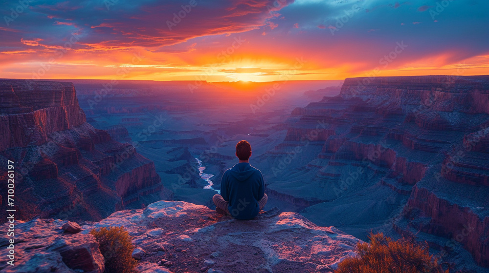 A contemplative man sits on the edge of a canyon, his silhouette outlined by the vibrant colors of a sunset sky, creating a mesmerizing scene that combines the tranquility of solit A contemplative man sits on the edge of a canyon, his silhouette outlined by the vibrant colors of a sunset sky, creating a mesmerizing scene that combines the tranquility of solit