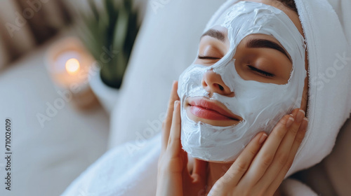 Woman resting in spa, clay beauty mask on her face, beauty concept, skincare 