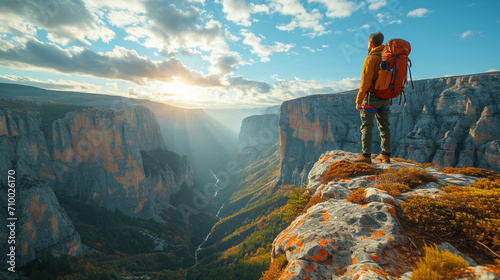 A fearless adventurer stands on the edge of a sheer cliff overlooking a vast canyon, the sheer scale of the landscape emphasizing the insignificance of man against the grandeur of