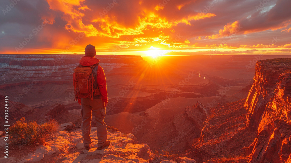 A backpacker stands at the edge of a canyon, his figure silhouetted against the warm hues of a desert sunset, the vastness of the landscape stretching out beneath him, encapsulatin