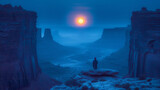 A man rests on a rock ledge, overlooking a canyon bathed in the soft glow of a full moon, creating a surreal and captivating scene that emphasizes the mystical and timeless quality