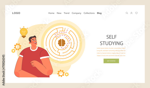 Positive psychology web banner or landing page. Positive thinking and attitude. Optimistic mindset, self acceptance and well-being. Young man working on her mental health. Flat vector illustration
