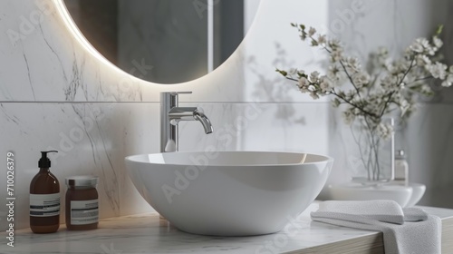 Reflections of Serenity, An Elegant Interplay of a Circular Mirror and a Stylish Bathroom Sink