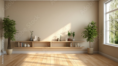 A room in light beige tones with a shelf for books and flowers